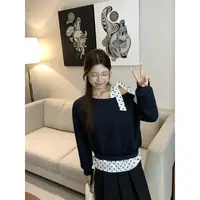 【双11捡漏】乌77设计感撞色波点系带斜肩卫衣女通勤百搭宽松上衣秋