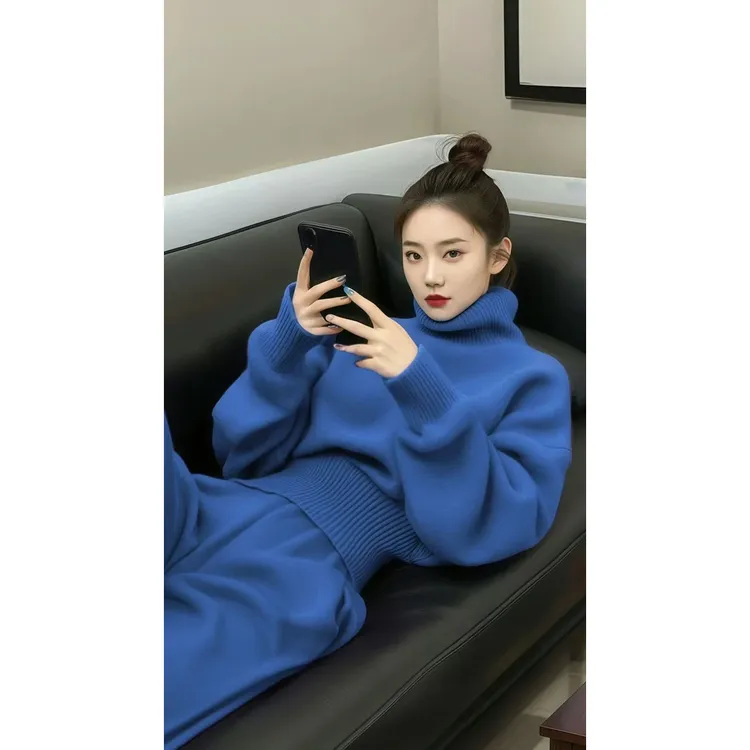 休闲套装女2024新款冬季韩系时尚慵懒风宽松高领毛衣阔腿裤两件套