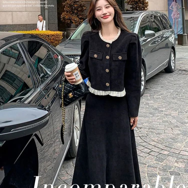 温柔系穿搭时尚小香风套装长裙女春秋新款显瘦气质两件套连衣裙子