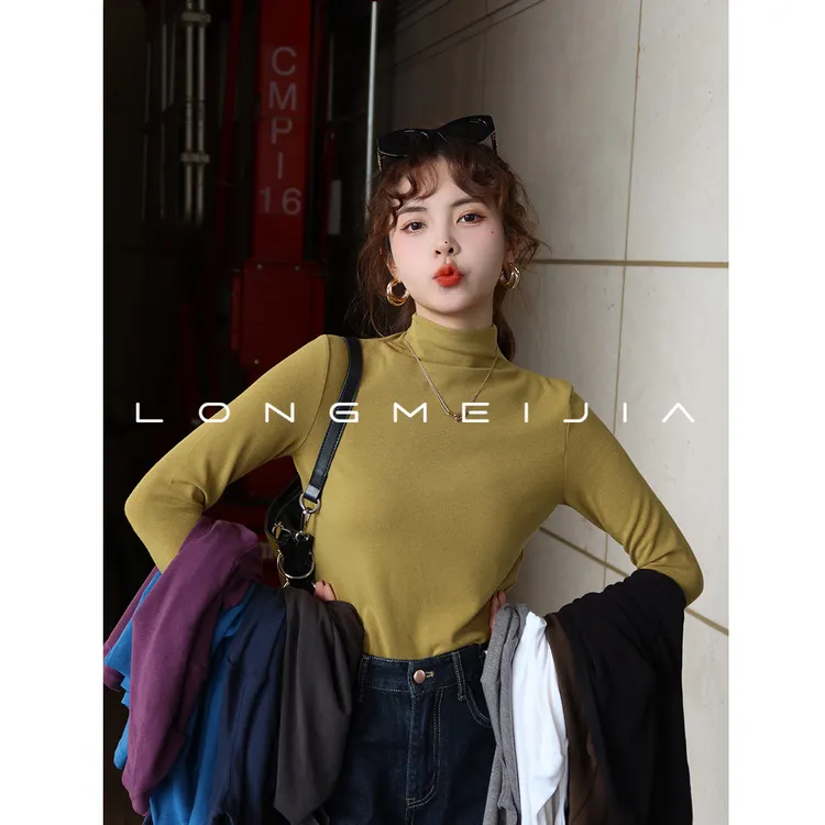 绿色半高领打底衫女士内搭2025秋新款爆款磨毛高级感修身上衣外穿