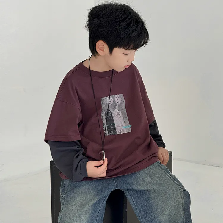 男童紫红色假两件印花长袖T恤春秋2025儿童复古休闲打底衫中大童