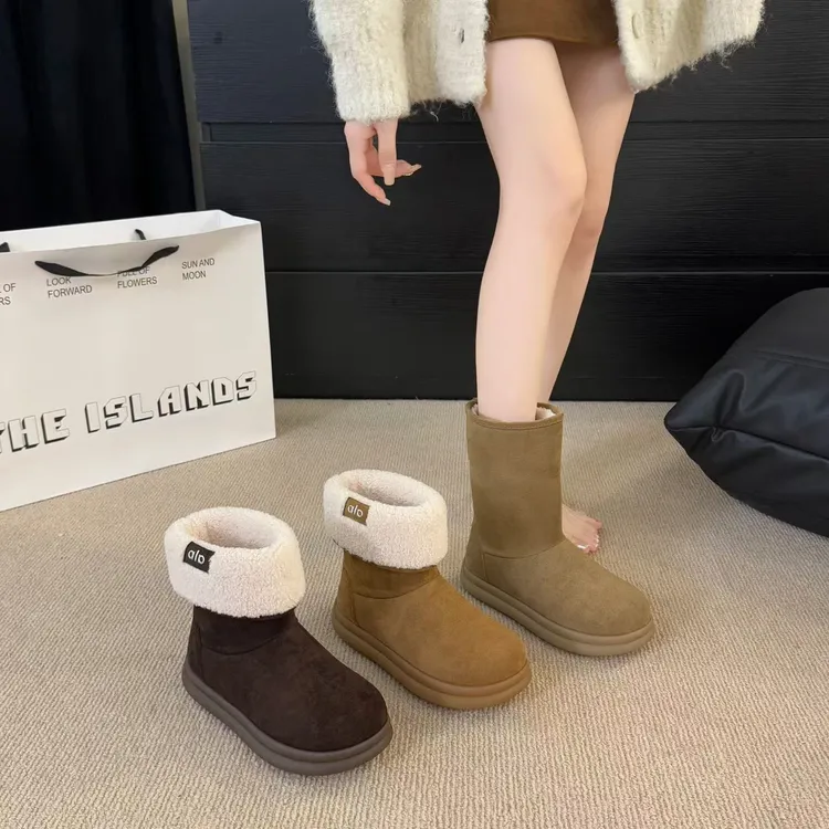 休闲风雪地靴纯色复古港风棉鞋冬季潮流风
