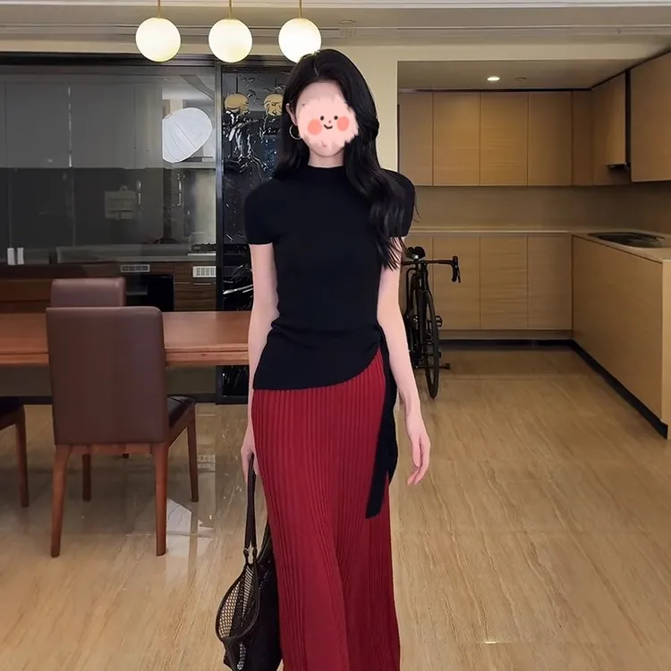 韩系时尚半高领飘带短袖t恤女春夏新款修身显瘦内搭上衣半身裙子