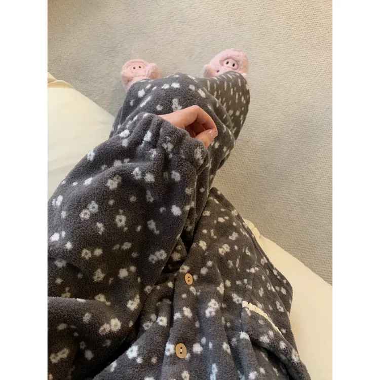 韩系甜美小碎花珊瑚绒睡衣女冬季新款加绒加厚套装保暖大码家居服