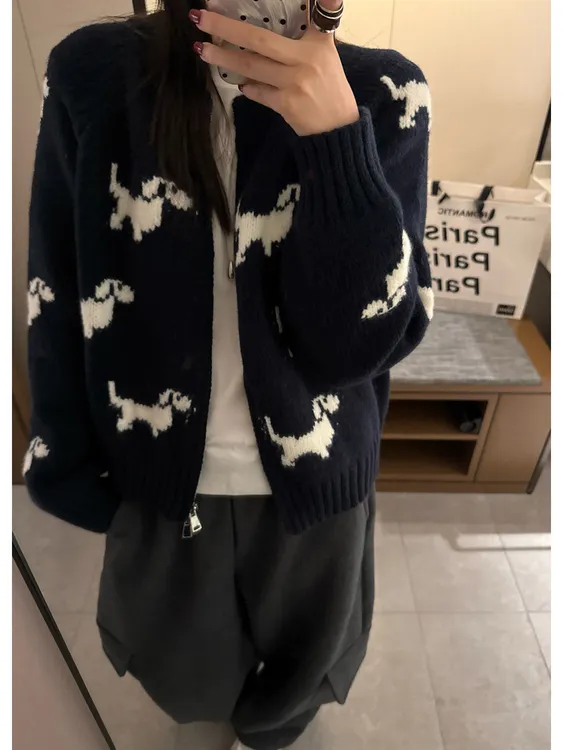 狗狗提花圆领拉链毛衣外套女秋冬新款宽松显瘦百搭针织开衫