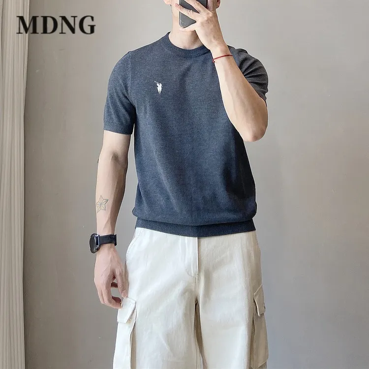 MDNG夏季男士针织圆领短袖T恤复古简约修身刺绣纯色男装休闲上衣 