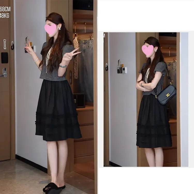 夏季气质一整套女装2025新款泡泡袖短袖百搭设计感半身裙两件套装