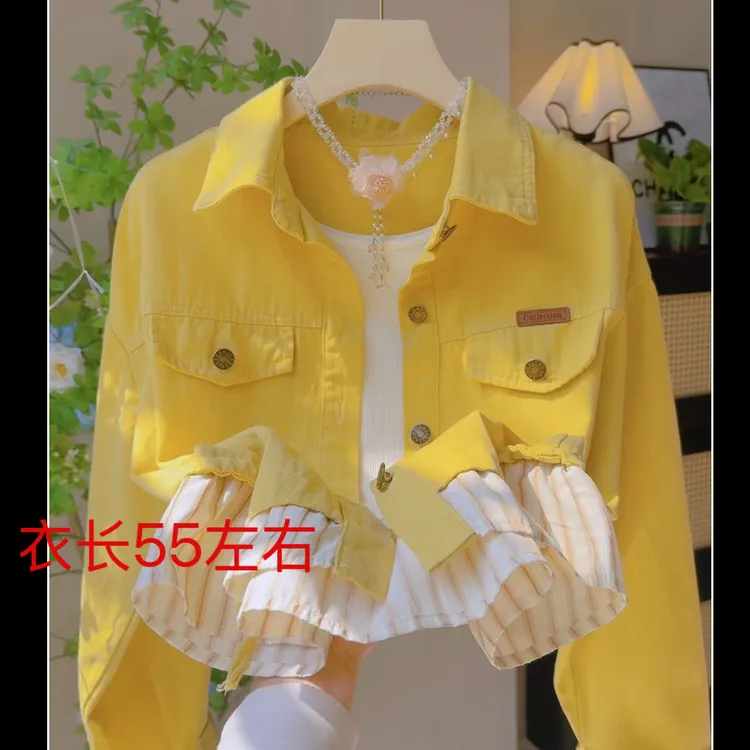 名305 韩系牛仔棉衬衫短外套秋显瘦单排扣拼接抽绳上衣假两件