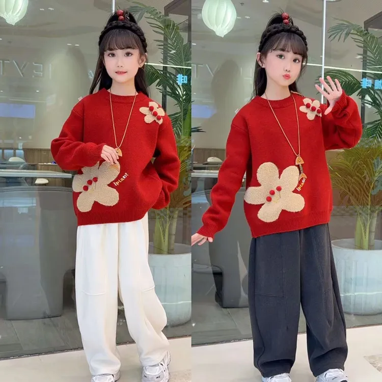 2025冬季加厚圣诞款时尚花朵毛衣加绒弯刀裤套装潮