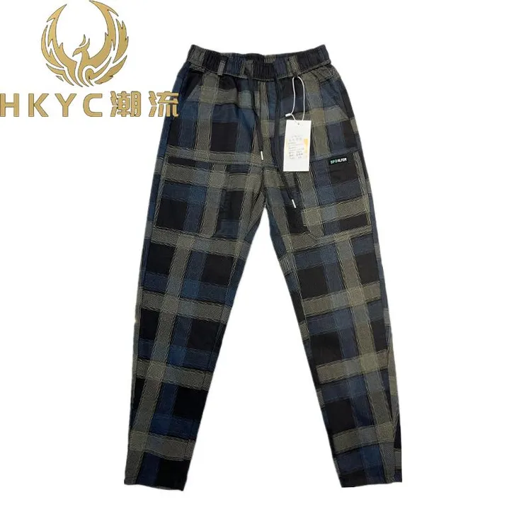 HKYC牛仔裤男春秋款格子潮流裤百搭弹力拼色休闲裤宽松哈伦裤