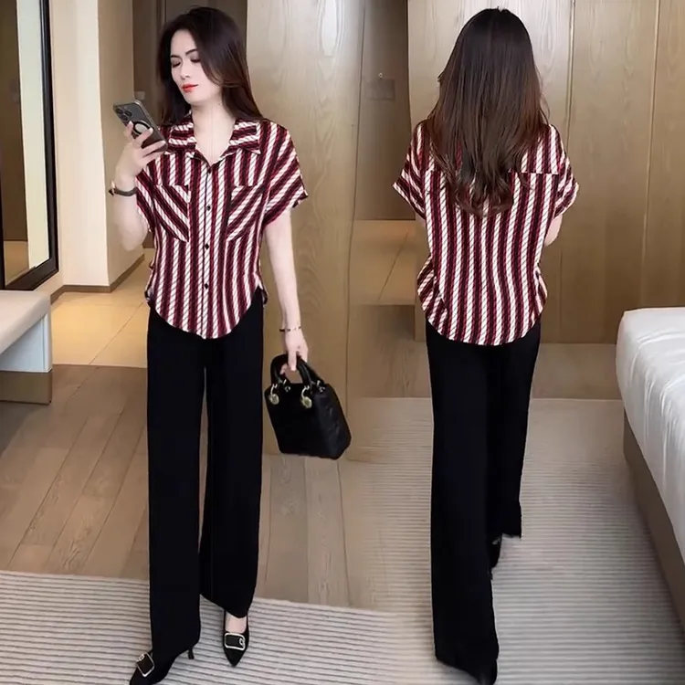 时尚条纹衬衫女夏季品质女装洋气宽松遮肚子雪纺衫妈妈装上衣套装