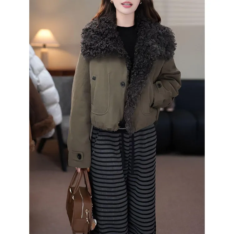 工装复古大翻领毛毛拼接外套女冬季新款宽松加厚保暖棉服夹克上衣