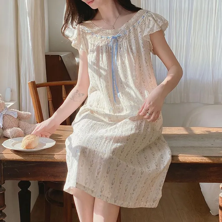 GPSUNLU甜美公主风睡裙夏季纯棉纱布中长款短袖女生睡衣家居服