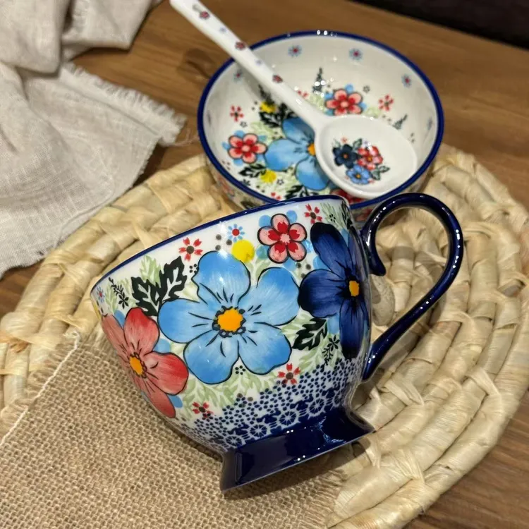 Sazaki盛夏带盖早餐杯陶瓷杯子水杯马克杯大容量珐琅彩燕麦杯家用