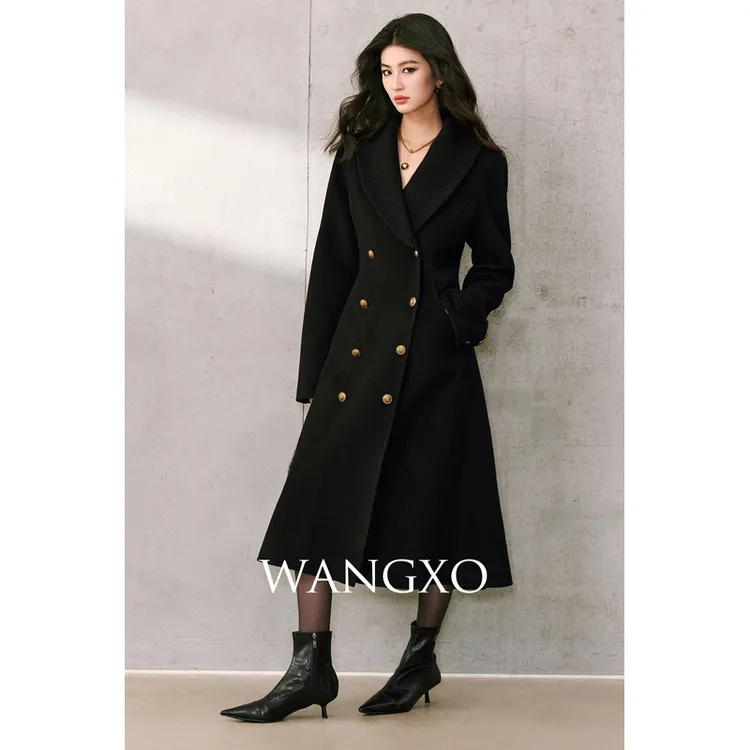 WANGXO 羊毛针织罗纹翻领大衣2561608W