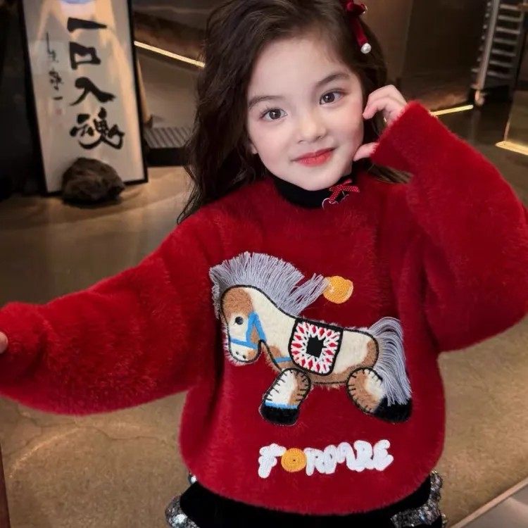 女童加厚水貂绒毛衣冬装2026新款儿童卡通针织衫中大童圣诞红衣服