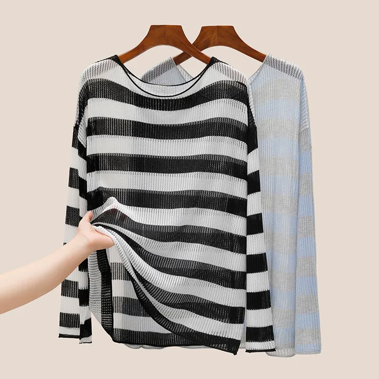 镂空针织防晒罩衫女夏吊带外搭2025新款冰丝天丝条纹t恤斜肩上衣