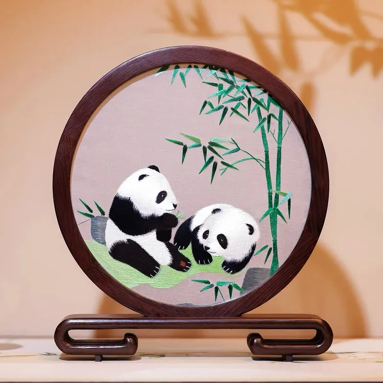 蜀绣刺绣摆件熊猫文创意装饰摆台客厅办公室摆放高档出国伴手礼
