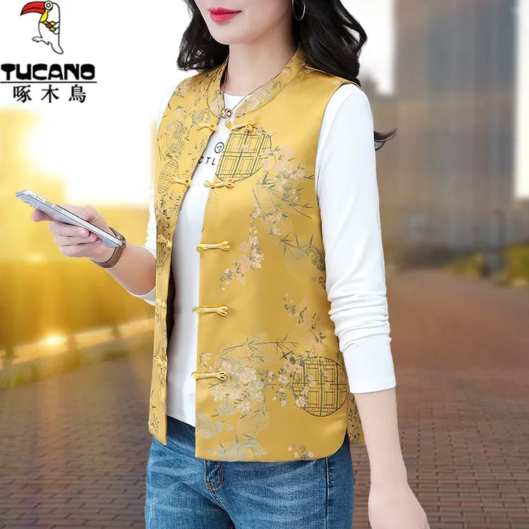 啄木鸟新中式国风马甲女2025新款春秋时髦洋气花纹妈妈装坎肩马夹