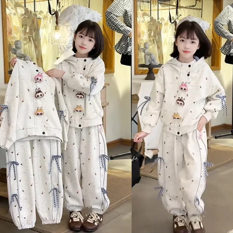 女童春秋季套装2025新款女孩洋气运动连帽开衫儿童韩版宝宝两件套