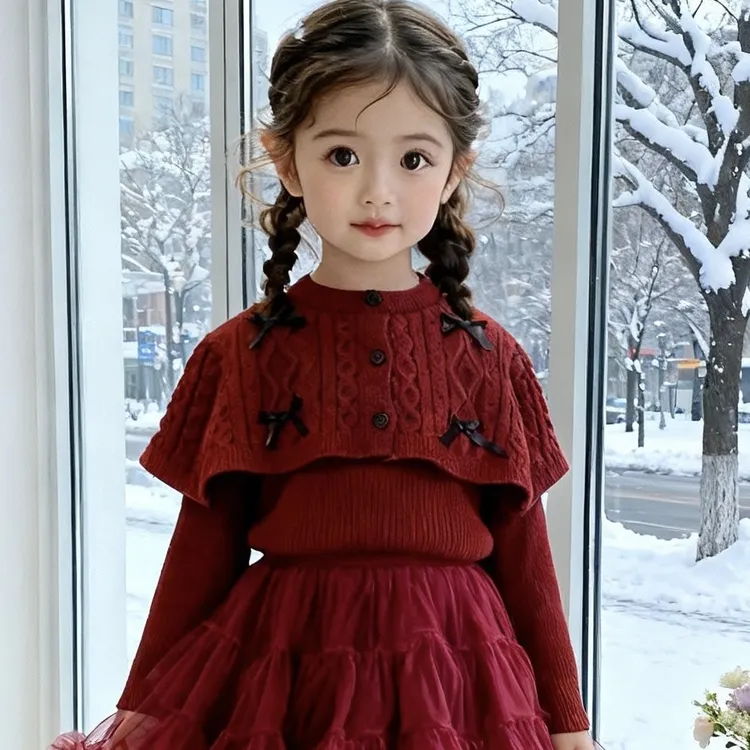 儿童新款麻花斗篷毛衣秋冬套头长袖毛衣新年女童蝴蝶结披肩毛衣