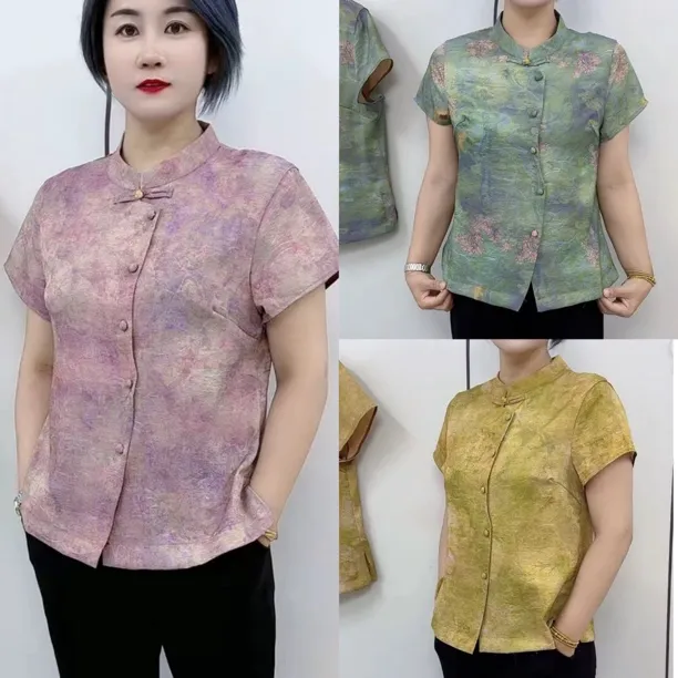 中式立领国风短袖盘扣提花衬衫女夏季气质显瘦洋气小衫