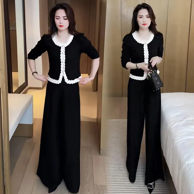 时尚套装女2025秋季新款洋气小香风蕾丝拼接T恤阔腿裤减龄两件套