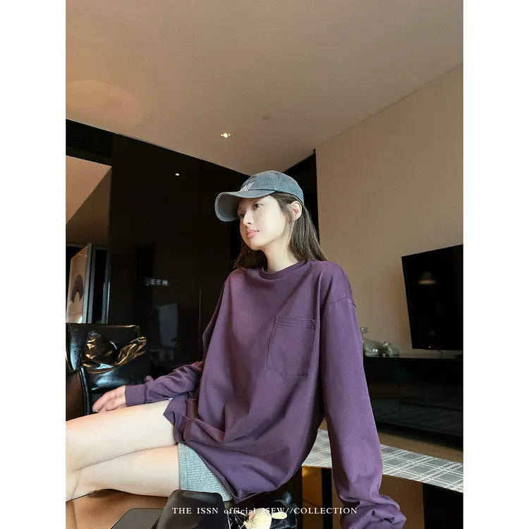 THEISSN宁司 圆领口袋宽松长袖T恤女早秋慵懒风显瘦上衣 01291
