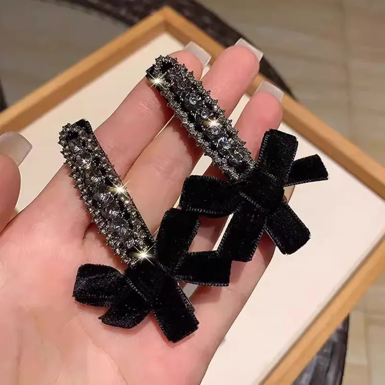 轻奢复古丝绒蝴蝶结发夹小香风灰色水钻高级感刘海夹一字夹边夹女