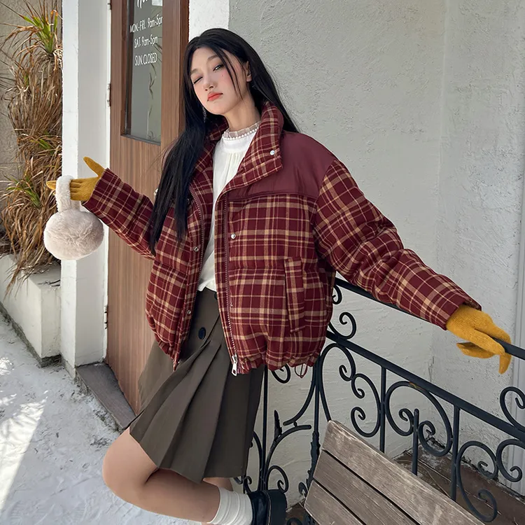 简约通勤格子棉服2025冬季百搭韩版<面包服外套>纯色棉填充舒适直