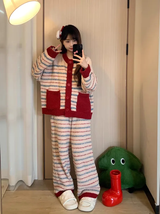 红色复古条纹半边绒大码睡衣女冬季新款加绒加厚家居服套装可外穿