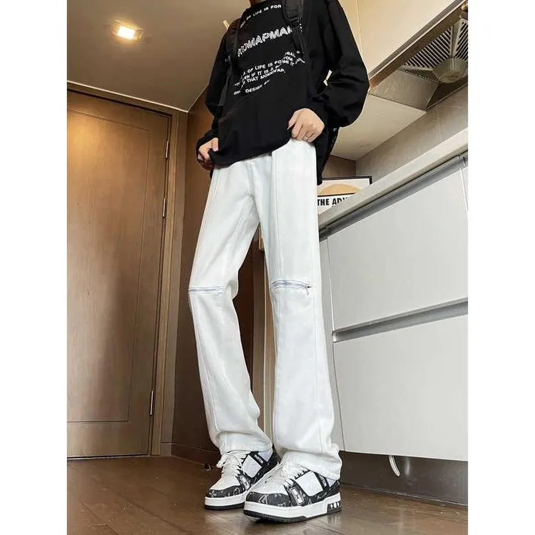 白色牛仔裤加长版弯刀裤vibe高街潮牌青少年120cm裤子男生高个子