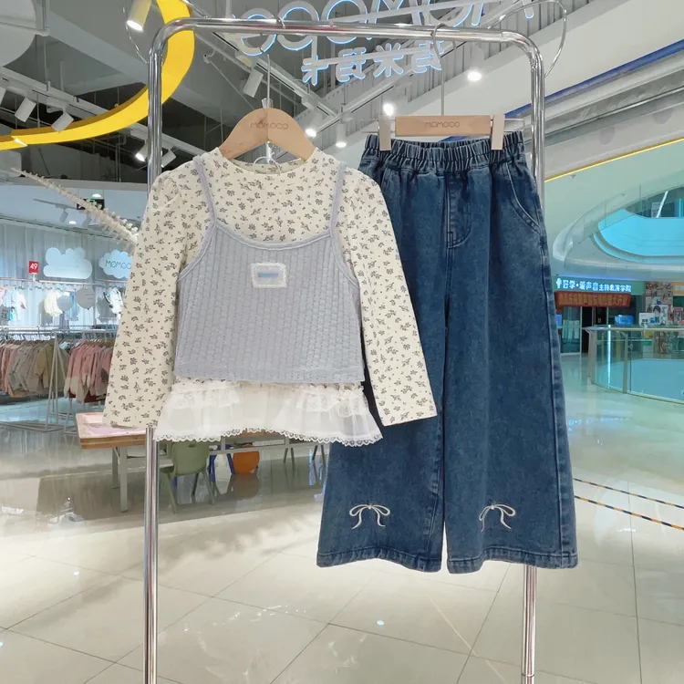 MOMOCO2025款秋季女童甜美洋气碎花蕾丝T恤真两件套77730580009