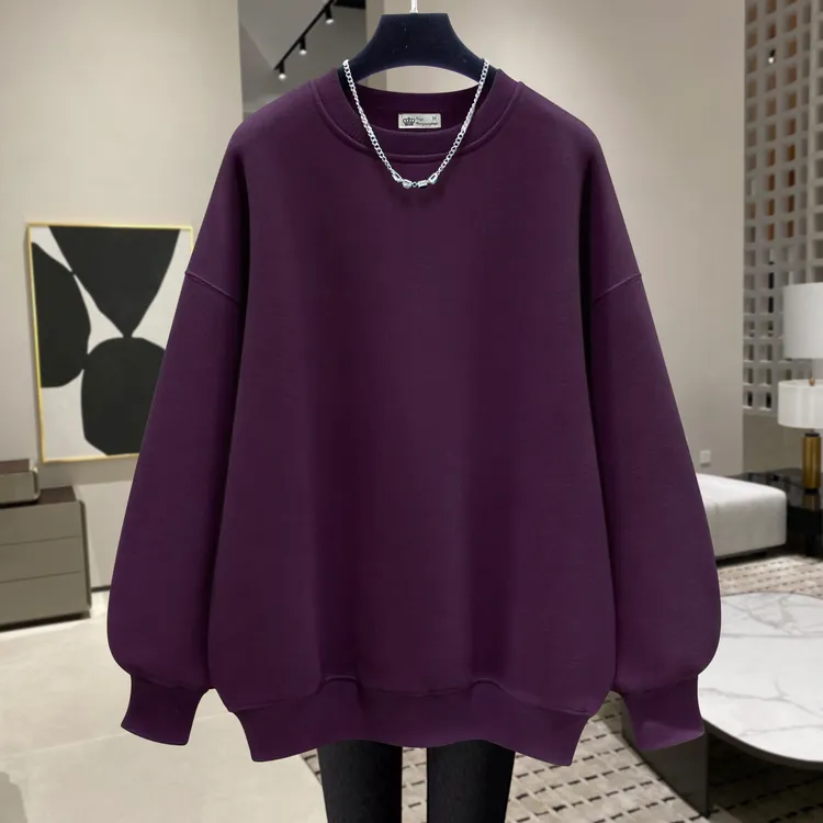 新款纯色宽松圆领卫衣女2025秋冬美式显瘦搭配鲨鱼裤遮屁股中长款