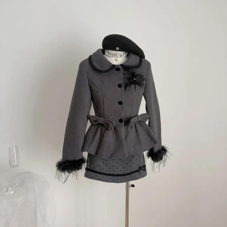 「灰色讯息」秋冬毛呢套装收腰短外套+波点半裙两件套