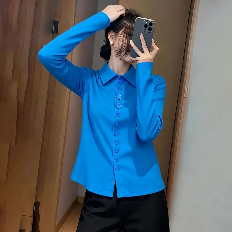 蓝色翻领长袖衬衫女2025秋冬新款洋气减龄修身显瘦内搭打底衫上衣