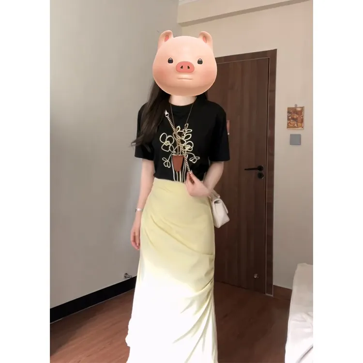 2025夏季新款法式气质百搭圆领印花T恤上衣设计感高腰显瘦半身裙