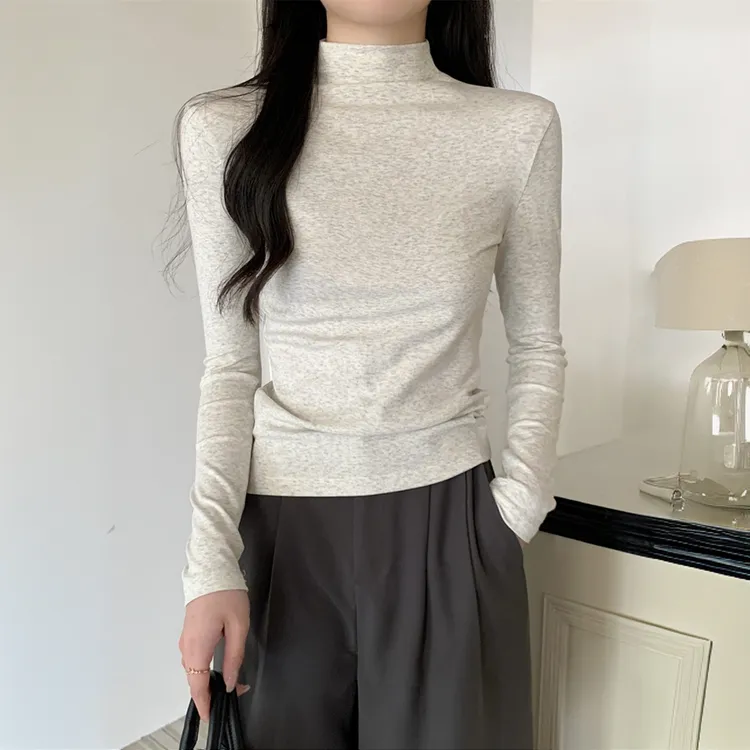 锡特帕第灰色半高领打底衫女秋冬季内搭纯棉正肩修身洋气长袖上衣