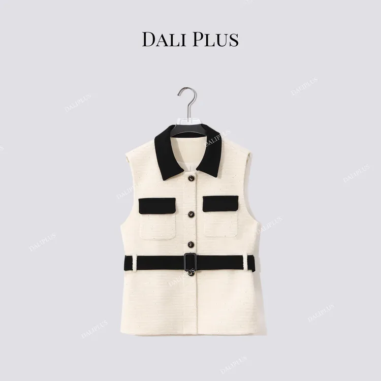 DALI PLUS“白闪撞色香风马甲”腰带收腰单排扣马夹-D5SS7305