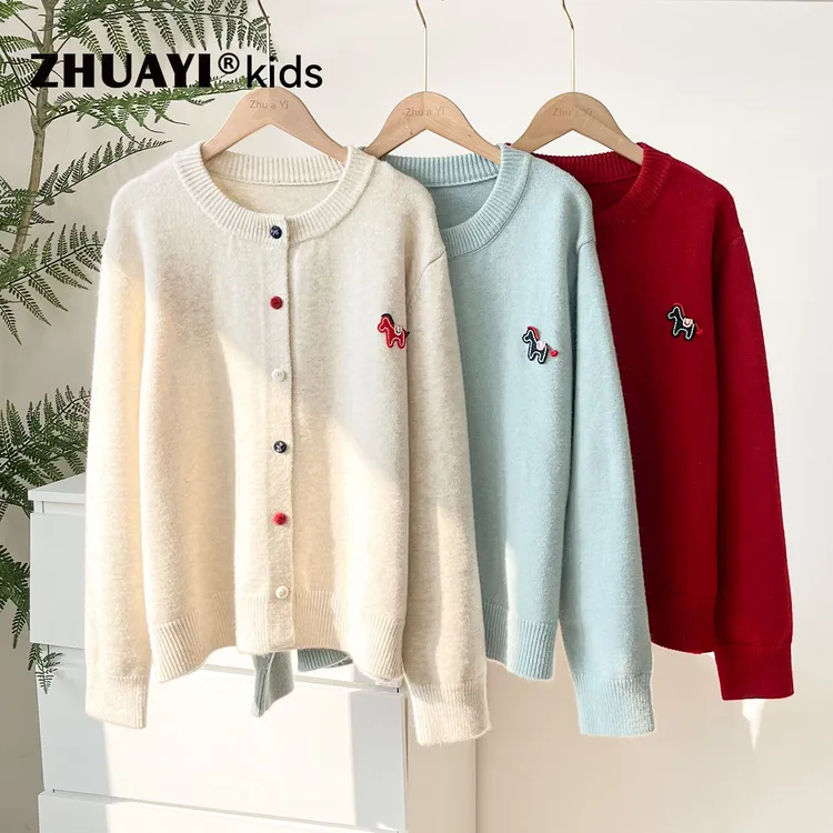 女童韩系彩色纽扣小马圆领针织开衫年装新款宽松毛衣（25405365）7
