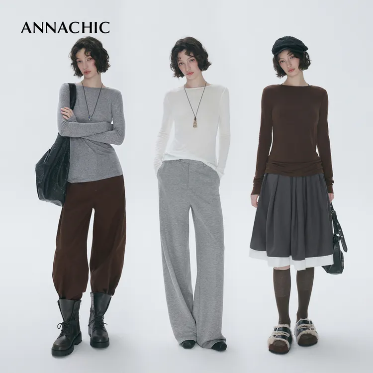 ANNACHIC时髦基础_云感天丝羊毛长袖t恤女秋/内搭打底衫/修身上衣