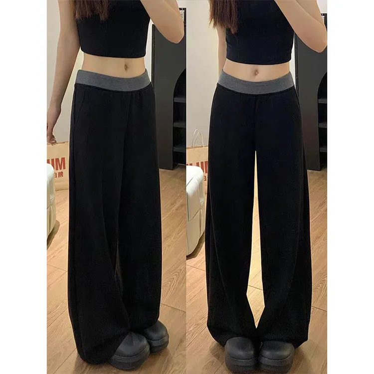 大码黑色拼接休闲运动裤女胖妹妹mm高腰宽松显瘦阔腿拖地裤子