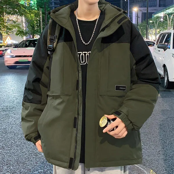 撞色拼接冬季港风潮牌加厚保暖外套工装连帽