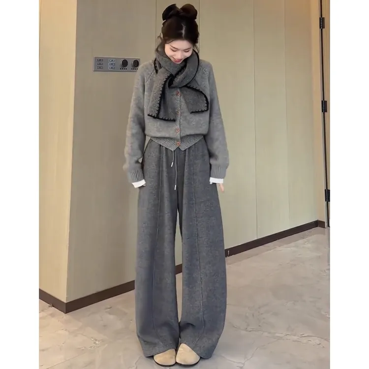 深灰色加绒加厚云朵裤女秋冬新款高腰宽松显瘦小个子毛呢运动卫裤