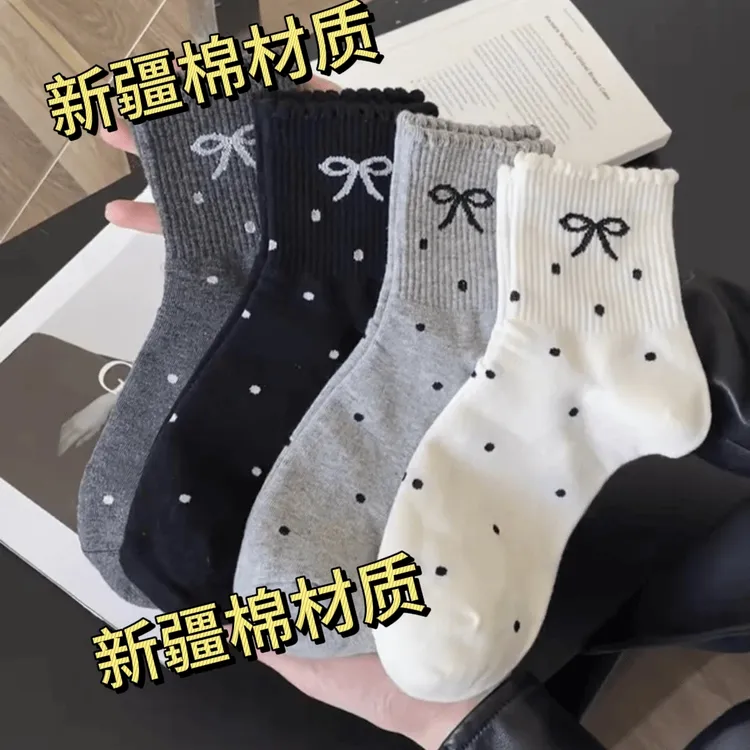 100%新疆棉花边蝴蝶结女袜秋季新款学生ins潮袜日系网红中筒袜子