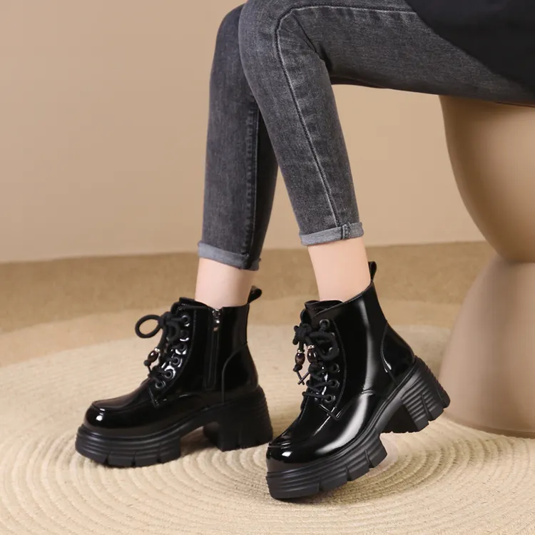 高跟厚底6cm亮皮马丁靴女2025秋冬新款加绒保暖粗跟英伦风短靴女