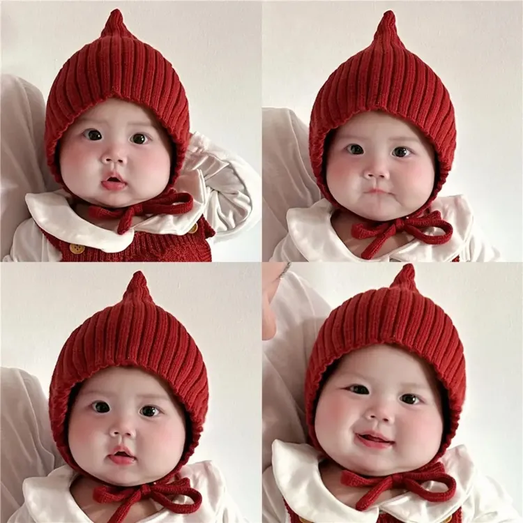 婴儿帽子秋冬季可爱精灵帽防风保暖针织护耳小红帽宝宝纯色毛线帽