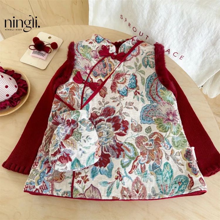 民族风女童汉服套装冬装宝宝周岁礼服儿童新中式旗袍裙国风唐装拜