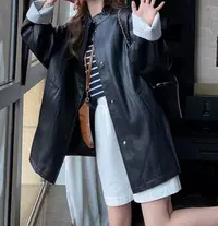 Manmi  条纹袖口拼接设计款立领皮风衣外套  25925（C8架）