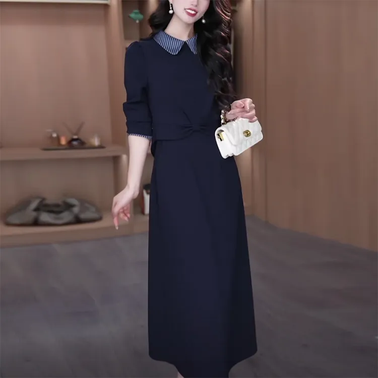 秋季百搭修身显瘦气质女装禅意裙子阔太太时髦服装遮肚子连衣裙--